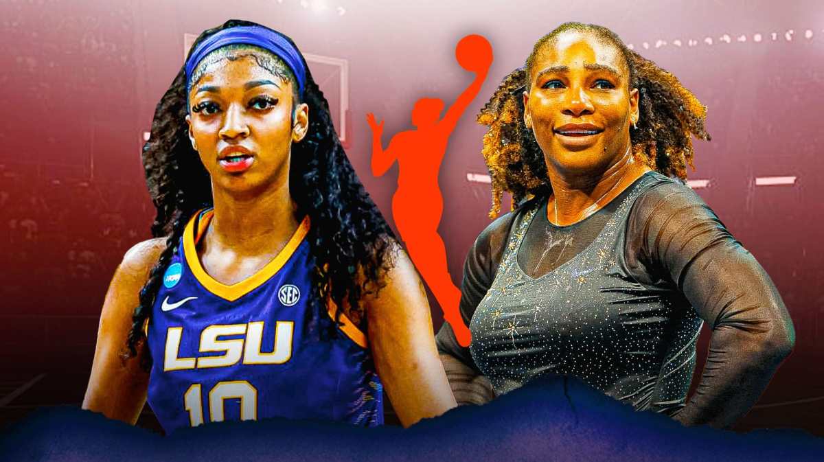 LSU basketball's Angel Reese on left, Tennis legend Serena Williams on right. In middle, place the WNBA logo.