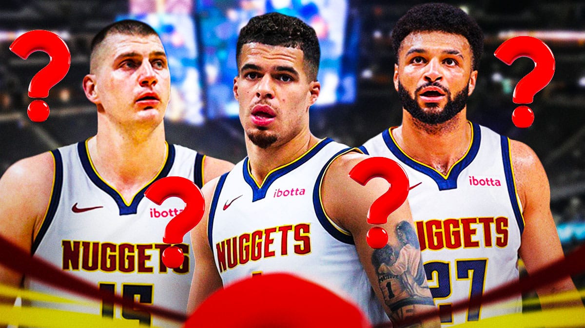 Denver Nuggets players Nikola Jokic, Michael Porter Jr., and Jamal Murray