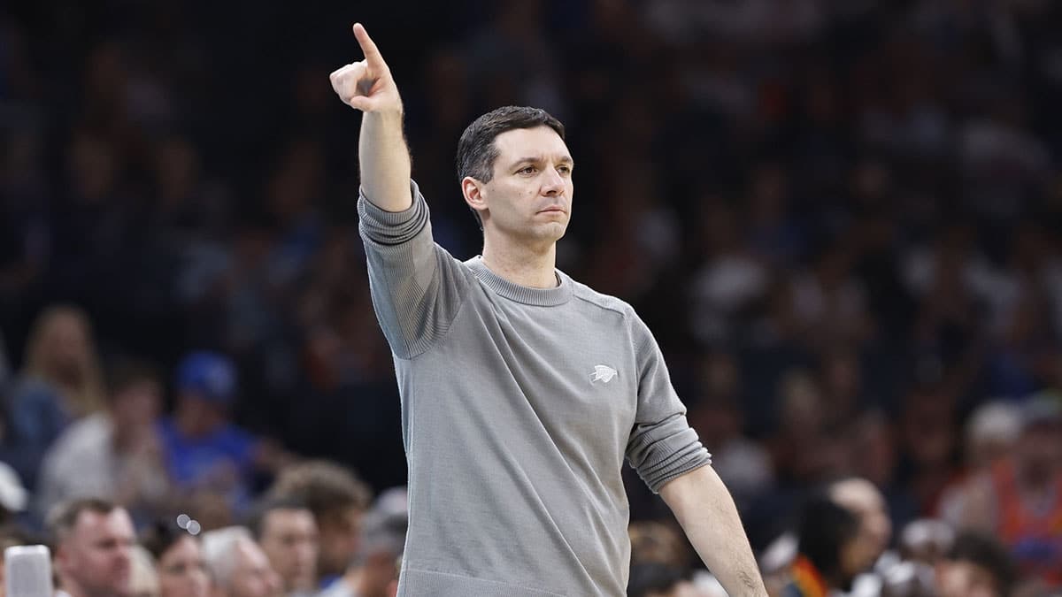 Oklahoma City Thunder head coach Mark Daigneault gestures to his team during a play against the Dallas Mavericks in the second half at Paycom Center.