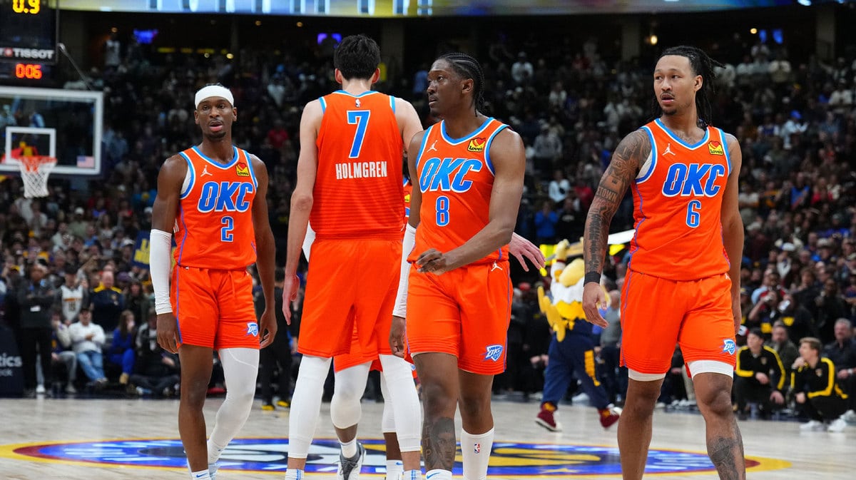 Oklahoma City Thunder guard Shai Gilgeous-Alexander (2) and forward Chet Holmgren (7) and forward Jalen Williams (8) and forward Jaylin Williams (6) break huddle in the fourth quarter against the Denver Nuggets at Ball Arena.