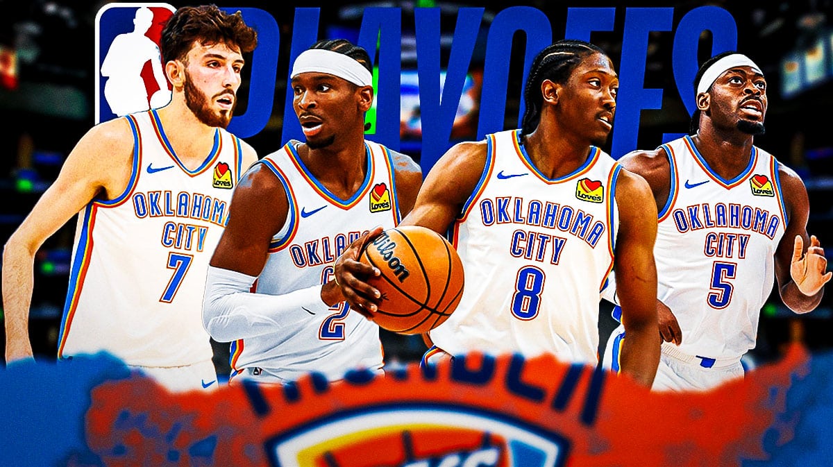 Shai Gilgeous-Alexander, Jalen Williams, Chet Holmgren, Luguentz Dort all in action surrounding a 2024 NBA Playoffs logo.