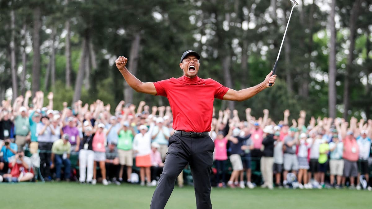 Tiger Woods celebrates winning the 2019 Masters during the final round of the Masters Tournament at Augusta National Golf Club