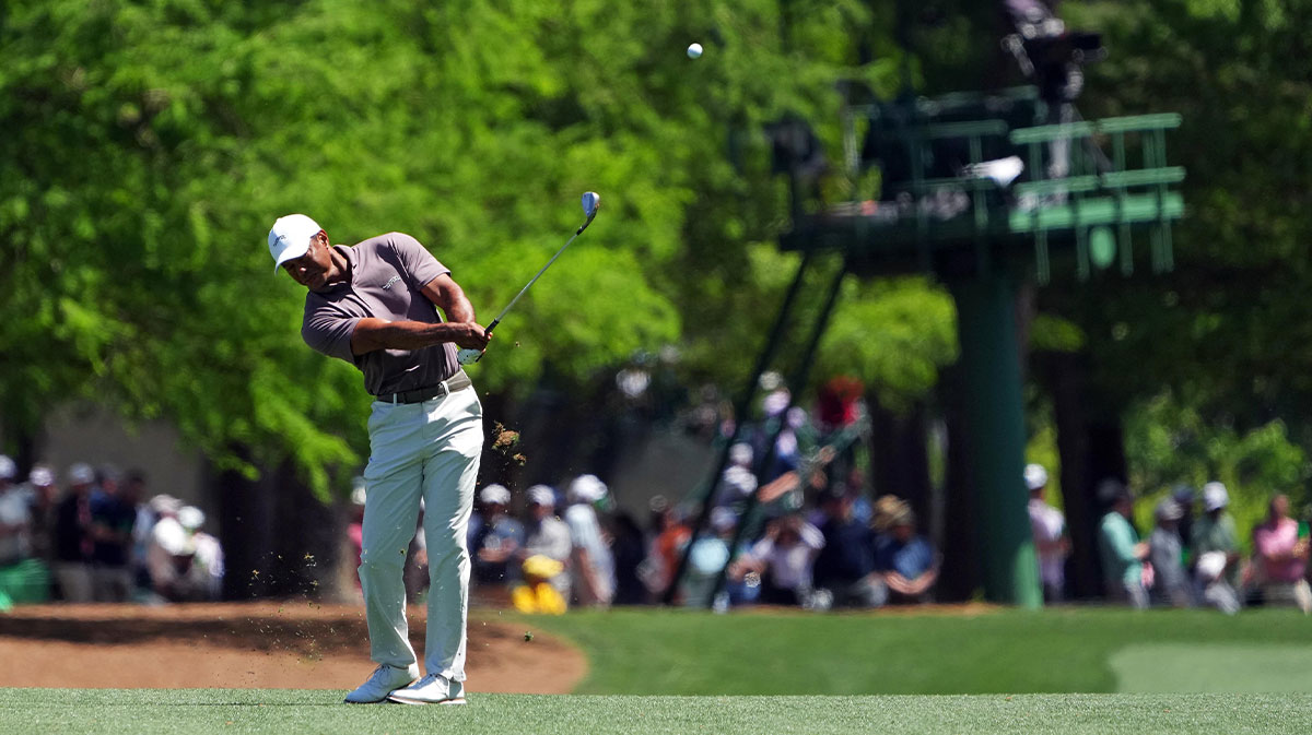 Tiger Woods plays from the fairway on the 13th hole during the second round of the Masters Tournament at Augusta National Golf Club.
