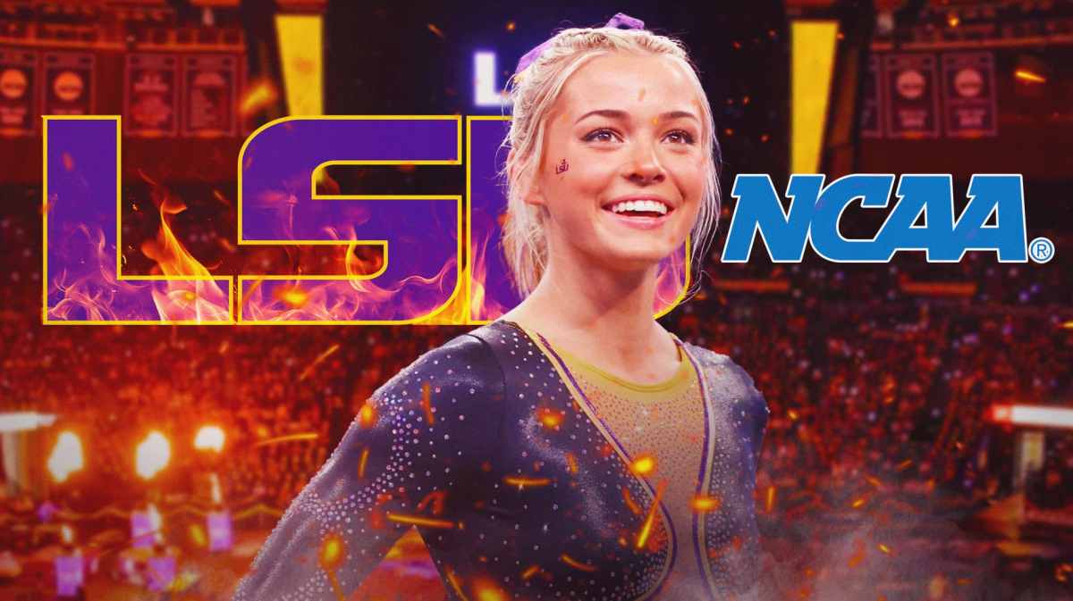 Olivia Dunne stands in front of LSU gymnastics and NCAA logo