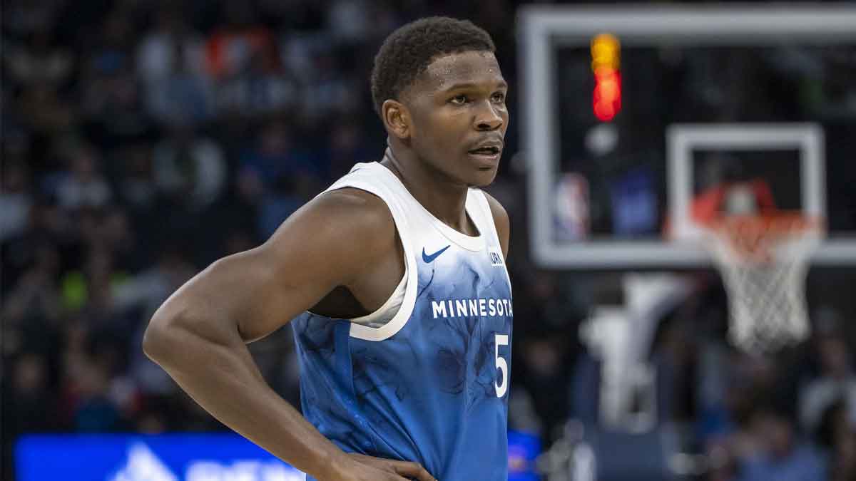 Minnesota Timberwolves guard Anthony Edwards (5) looks on against the Atlanta Hawks in the first half at Target Center.