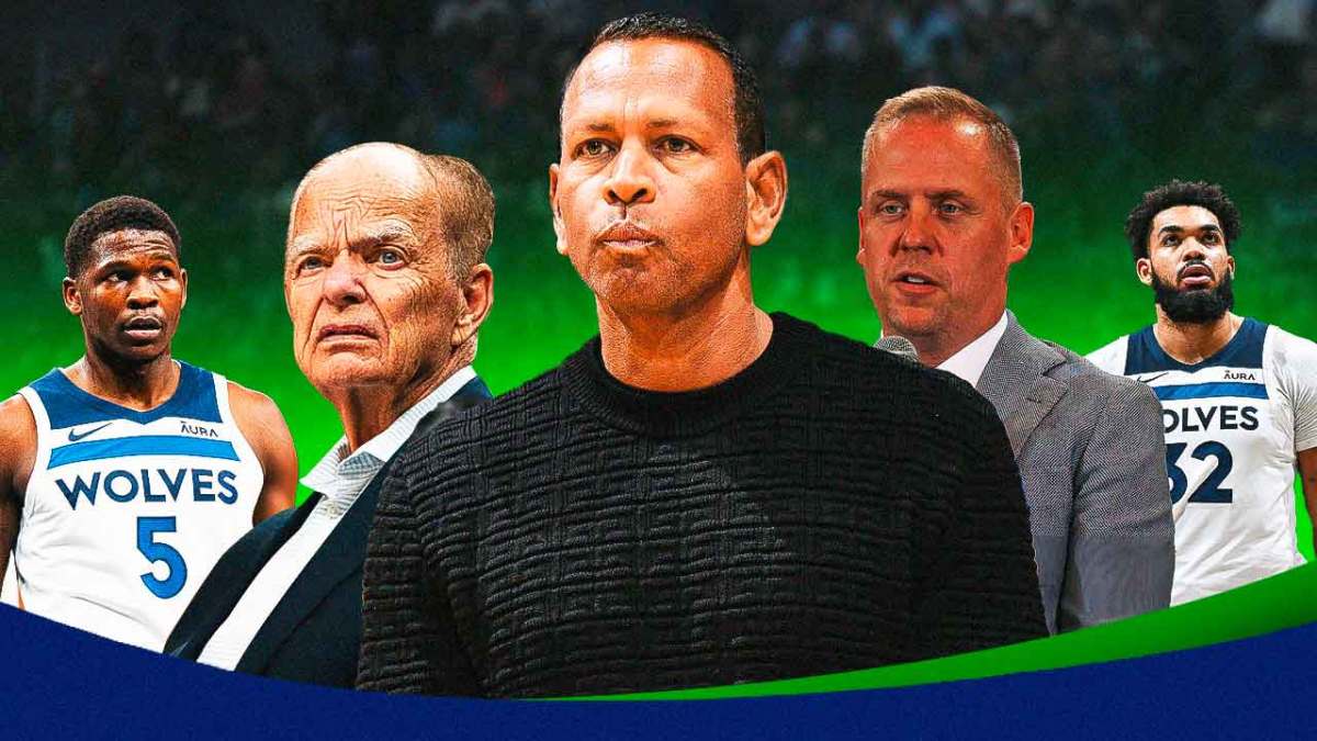 Alex Rodriguez, Glen Taylor, Marc Lore and Timberwolves' Anthony Edward and Karl-Anthony Towns