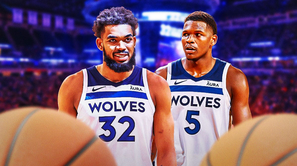 Karl-Anthony Towns alongside Anthony Edwards with the Timberwolves arena in the background, NBA Playoffs Nuggets