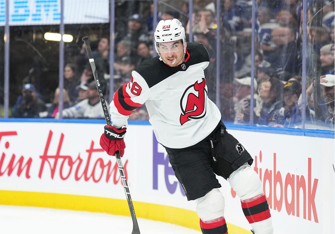New Jersey Devils right wing Timo Meier (28) celebrates after scoring a goal against the Toronto Maple Leafs during the second period at Scotiabank Arena. 