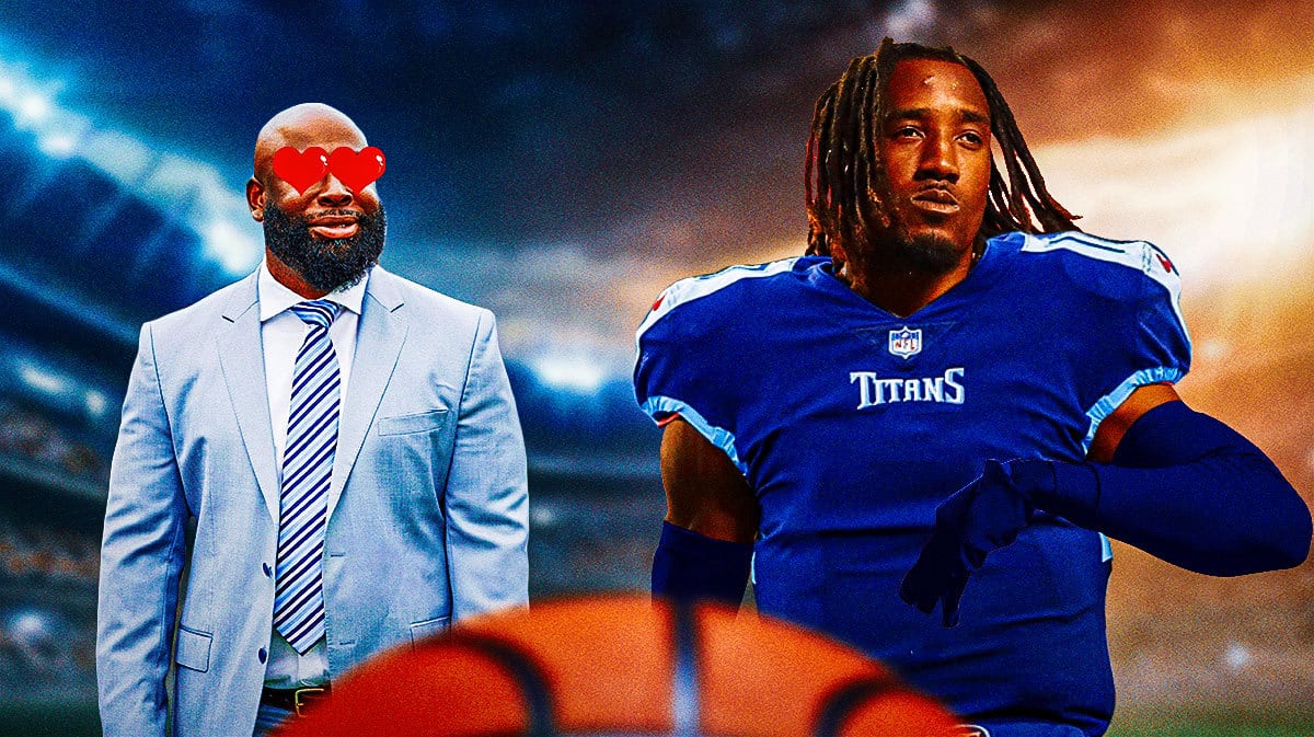 L’Jarius Sneed on one side in a Tennessee Titans uniform, Ron Carthon on the other side with hearts in his eyes