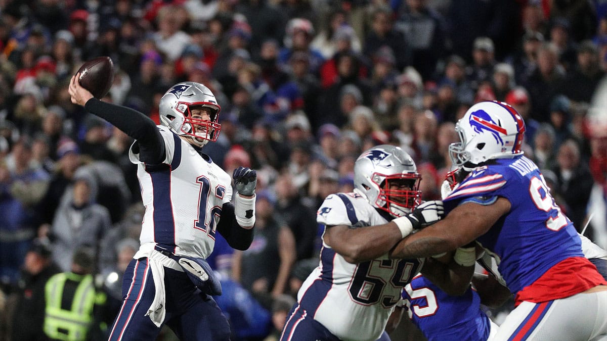 Patriots quarterback Tom Brady steps into a throw against the Bills