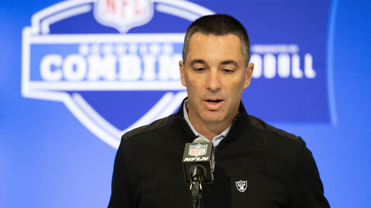 Las Vegas Raiders general manager Tom Telesco talks to the media at the 2024 NFL Combine at Indiana Convention Center.