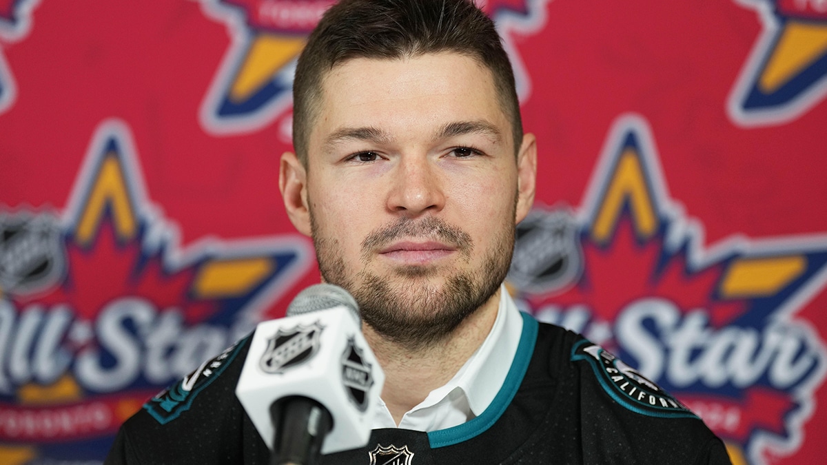  San Jose Sharks Tomas Hertl speaks to the media during NHL All-Star Thursday at Scotiabank Arena.
