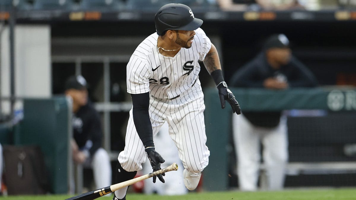 Chicago White Sox left fielder Tommy Pham (28) singles against the Tampa Bay Rays during the third inning at Guaranteed Rate Field. 