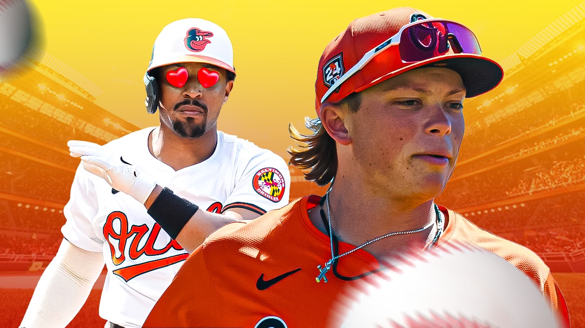 Tony Kemp in an Orioles uniform with heart eyes looking at Jackson Holliday