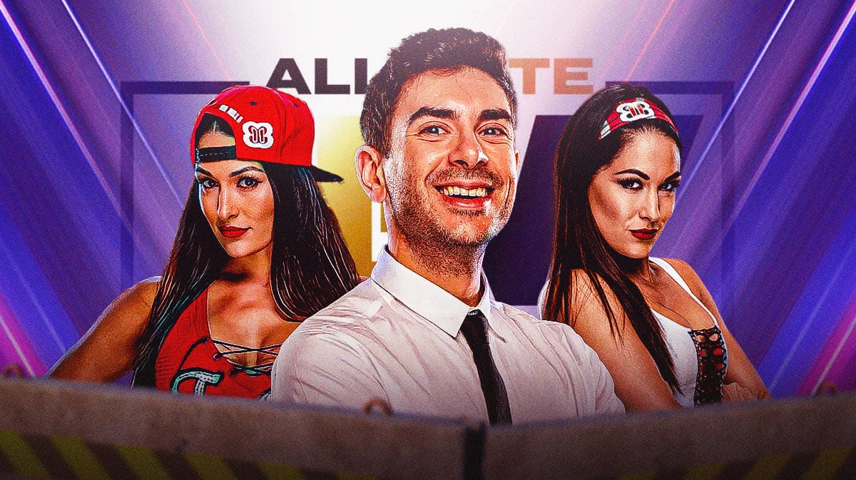 Tony Khan with Nikki Bella on his left and Brie Bella on his right with the AEW logo as the background.