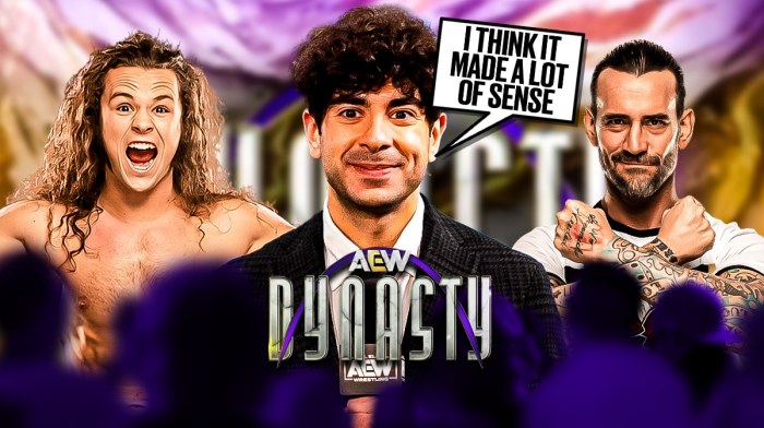 Tony Khan with a text bubble reading "I think it made a lot of sense" next to CM Punk and Jack Perry with the AEW Dynasty logo as the background.