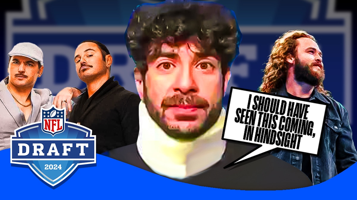 Neck brace Tony Khan with a text bubble reading "I should have seen this coming, in hindsight" with the 2024 Young Bucks on his left and 2024 Jack Perry on his right with the 2024 NFL Draft logo as the background.