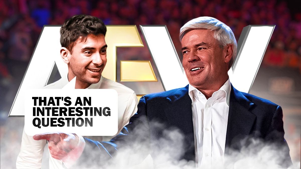 Tony Khan with a text bubble reading "That's an interesting question" next to Eric Bischoff with the AEW logo as the background.