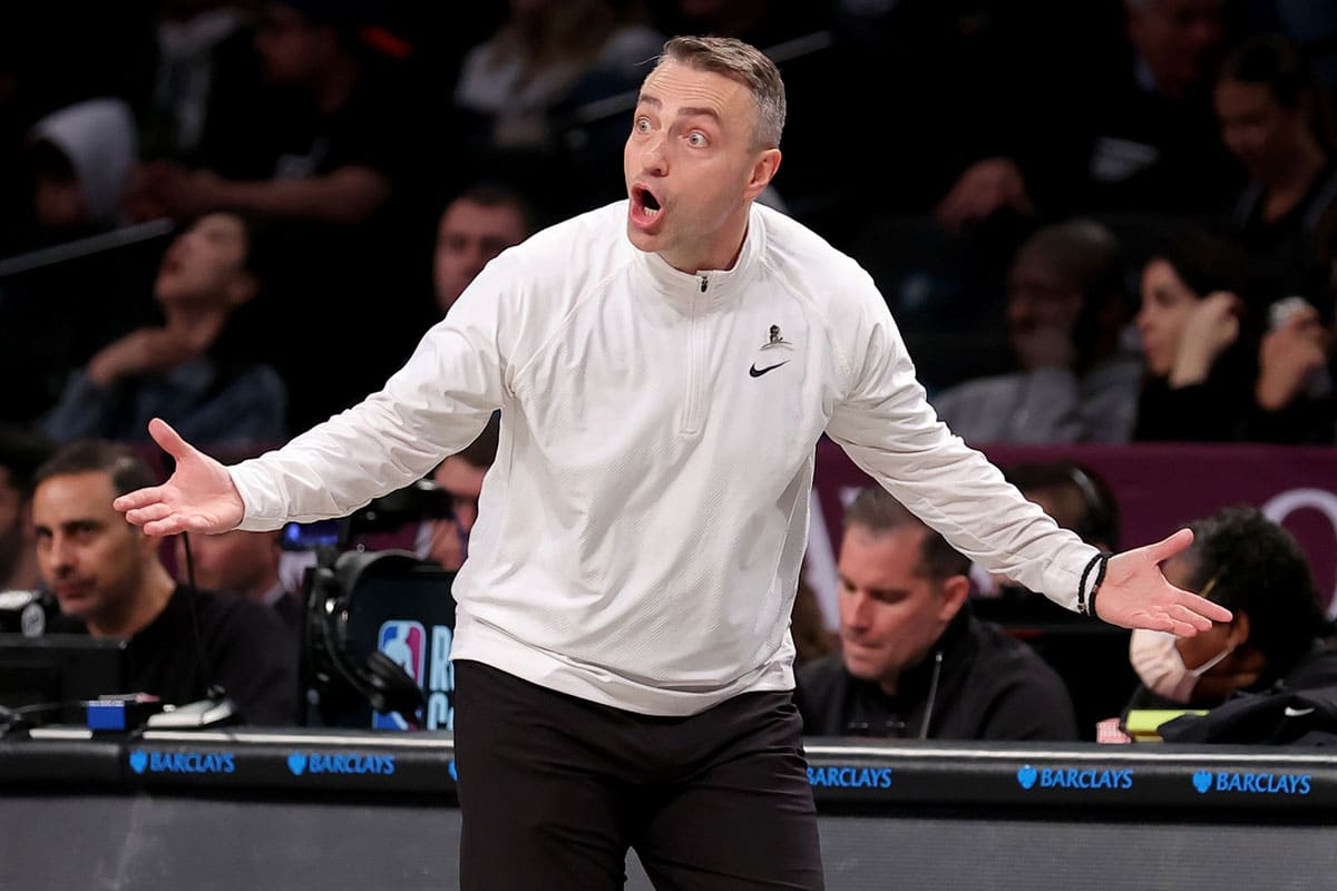 Toronto Raptors head coach Darko Rajakovic coaches against the Brooklyn Nets during the fourth quarter at Barclays Center. 