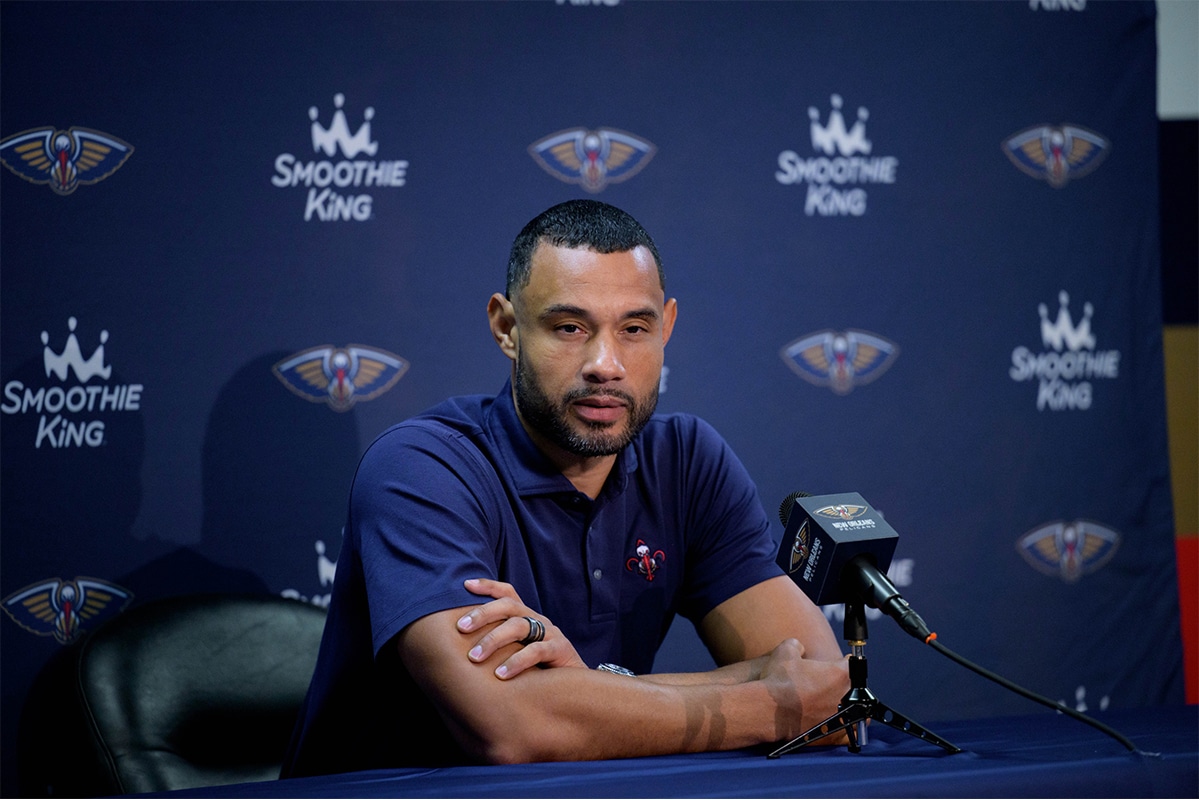 New Orleans Pelicans general manager Trajan Langdon speaks during Media Day at the Smoothie King Center