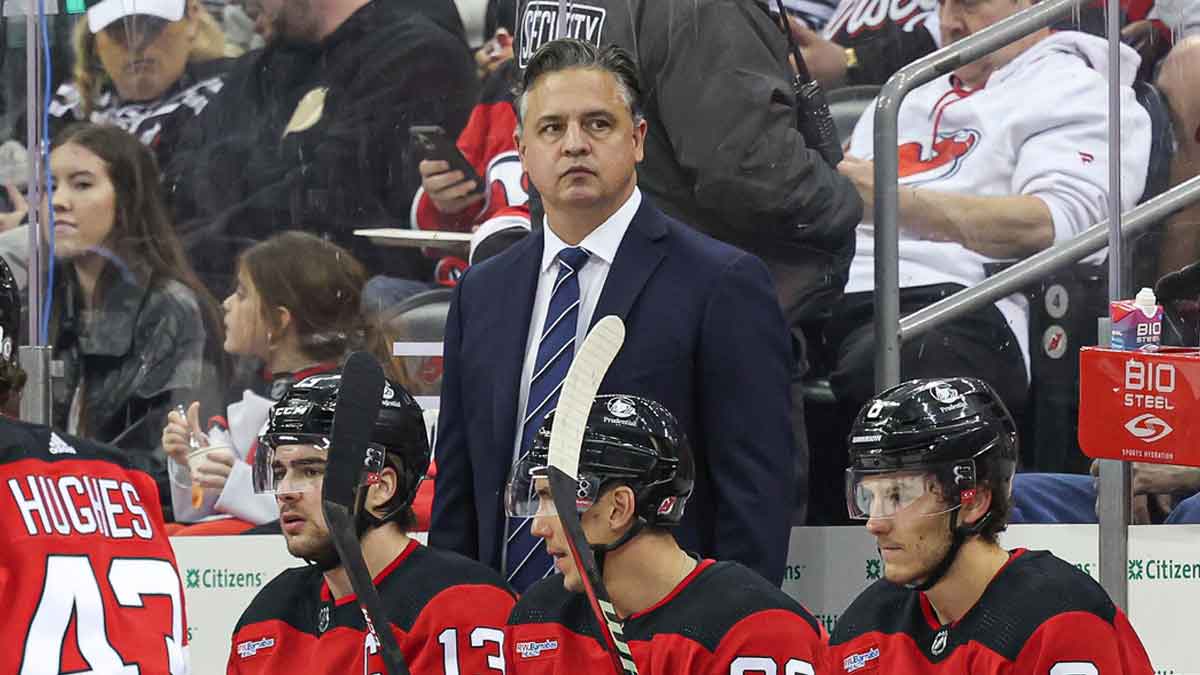 New Jersey Devils interim head coach Travis Green looks on during the second period against the St. Louis Blues at Prudential Center.