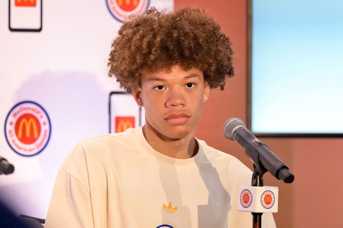 McDonald's All American West guard Trent Perry speaks during a press conference at JW Marriott Houston by The Galleria.