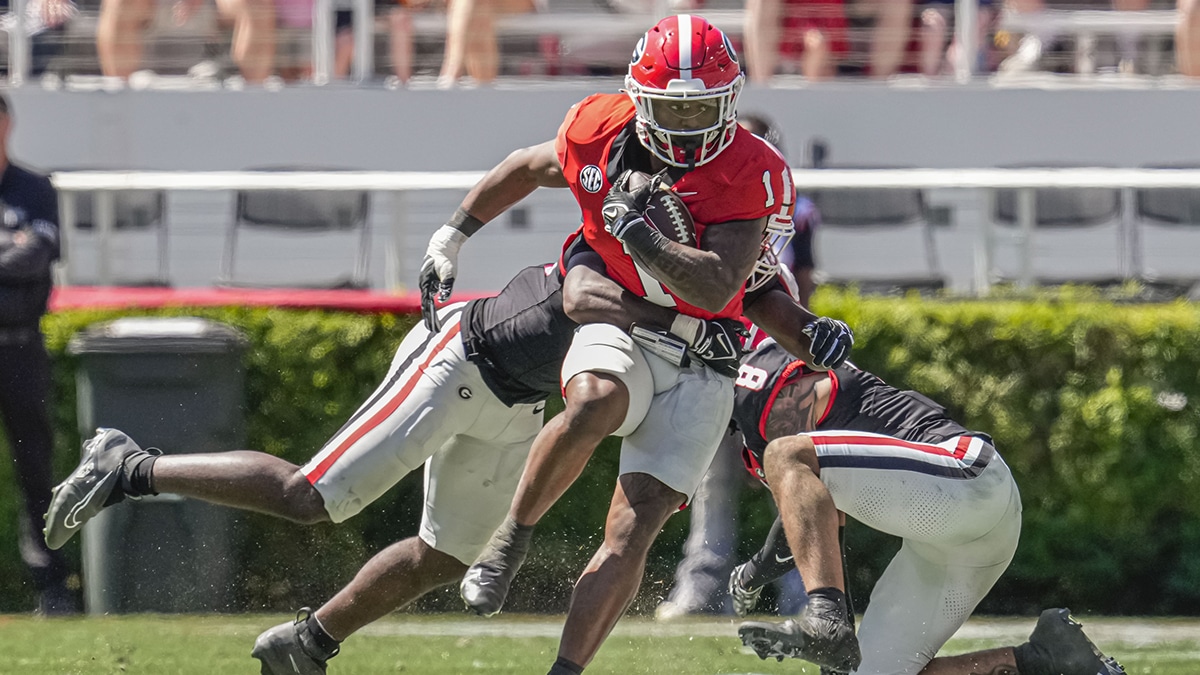 Georgia Bulldogs running back Trevor Etienne (1) runs with the ball during the G-Day Game at Sanford Stadium.