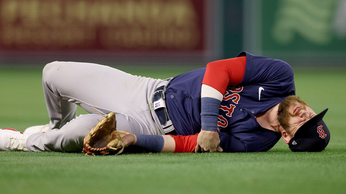 Boston Red Sox shortstop Trevor Story (10) reacts after an injury during the fourth inning against the Los Angeles Angels at Angel Stadium.
