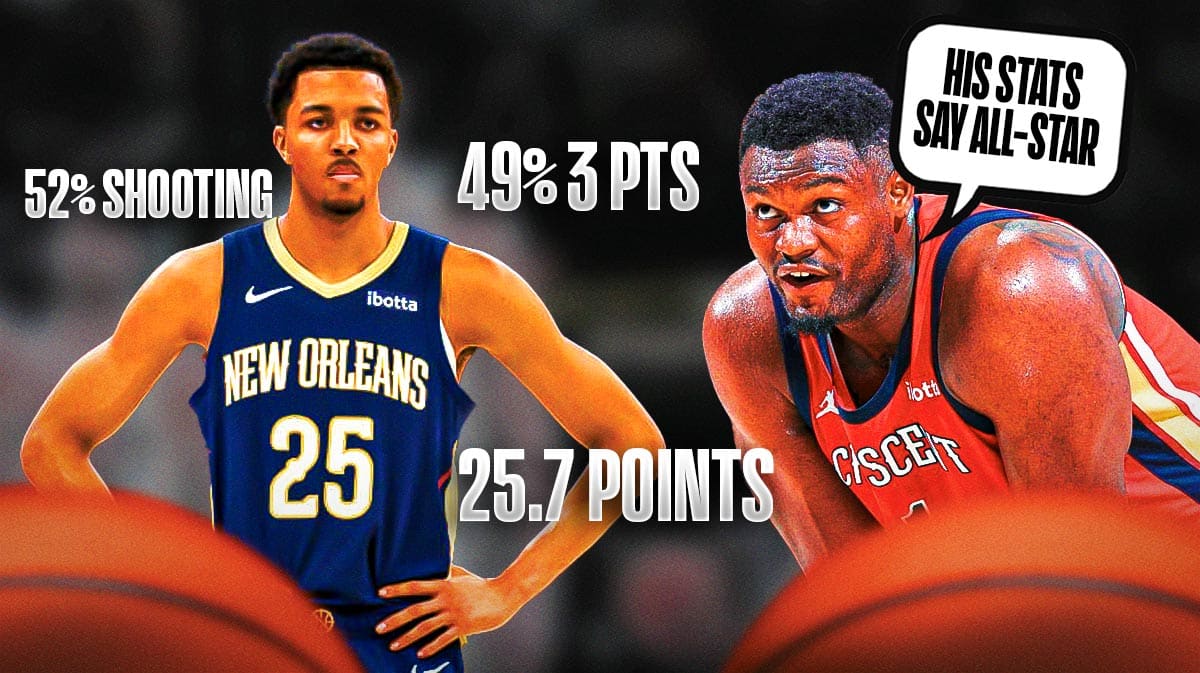 Pelicans Trey Murphy III with his stats of 25.7 points on 52% shooting from the field and 49% on three pointers listed. Zion Williamson pointing at him saying, "His stats say All-Star"