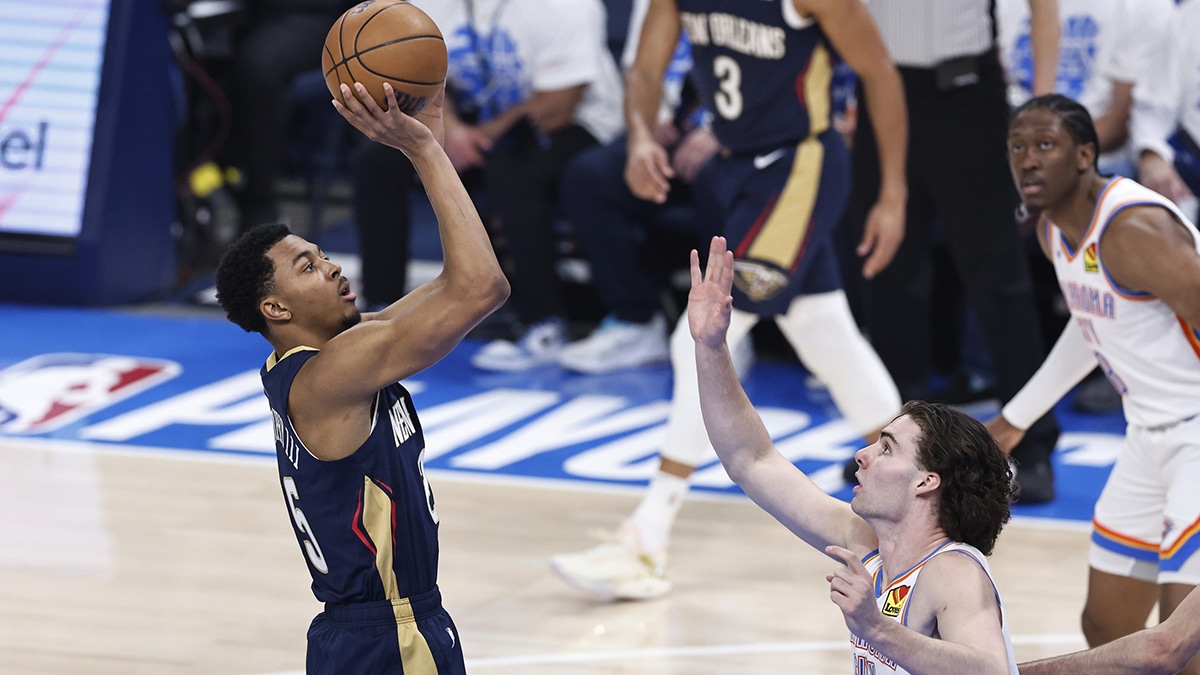 New Orleans Pelicans guard Trey Murphy III (25) shoots as Oklahoma City Thunder guard Josh Giddey (3) defends during the first quarter of game one of the first round for the 2024 NBA playoffs at Paycom Center. 