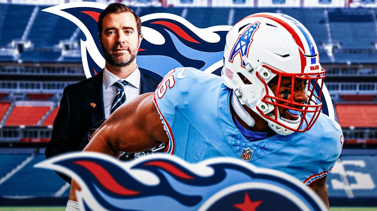 Tennessee Titans wide receiver Treylon Burks next to Titans head coach Brian Callahan. They are next to a logo for the Tennessee Titans.