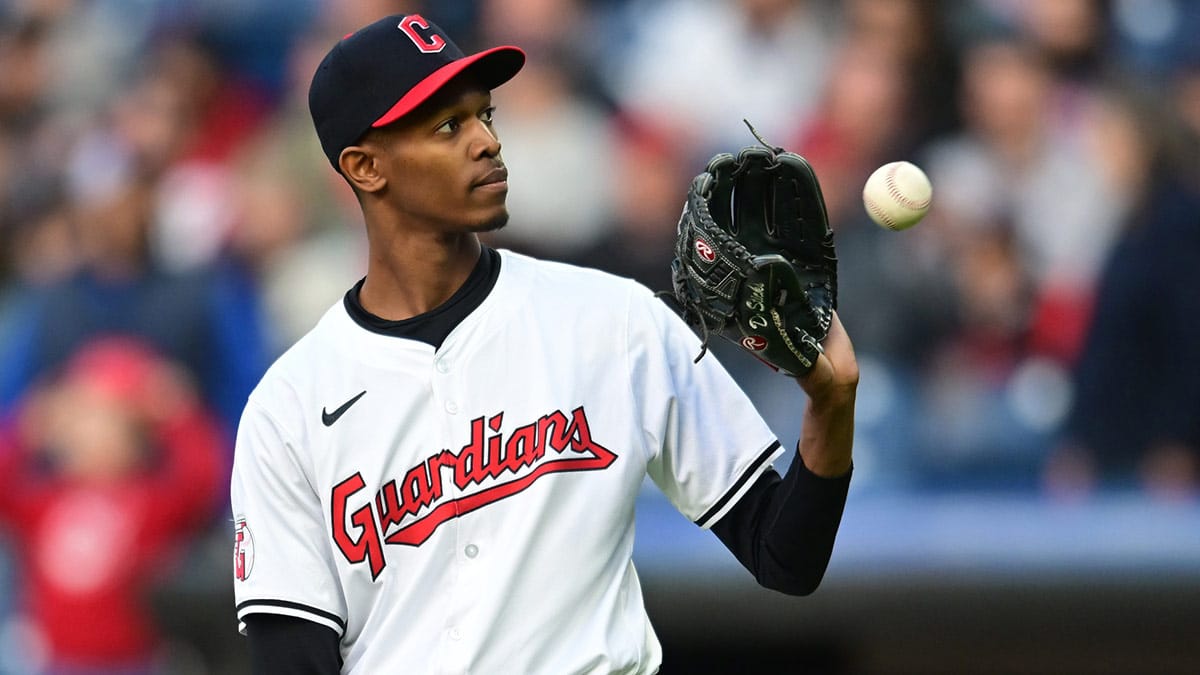 Cleveland Guardians starting pitcher Triston McKenzie (24) receives a new ball after giving up a home run to Oakland Athletics third baseman Abraham Toro (not pictured) during the first inning at Progressive Field. 