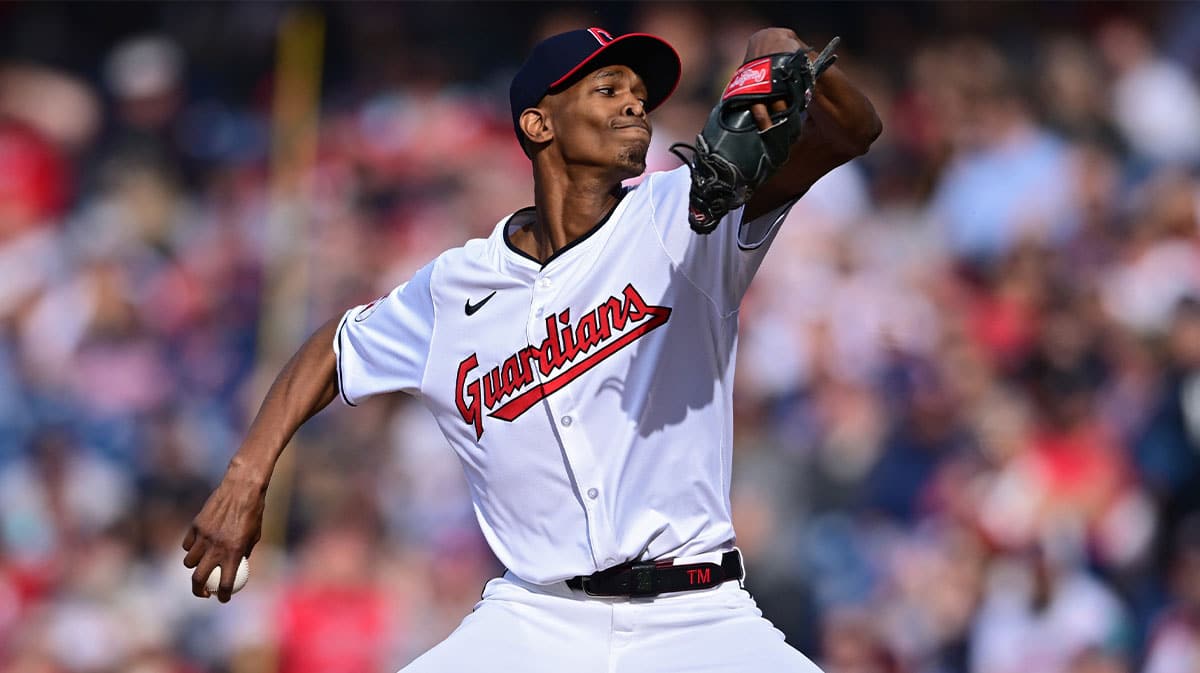 Cleveland Guardians starting pitcher Triston McKenzie (24) throws a pitch during the first inning against the Chicago White Sox at Progressive Field.