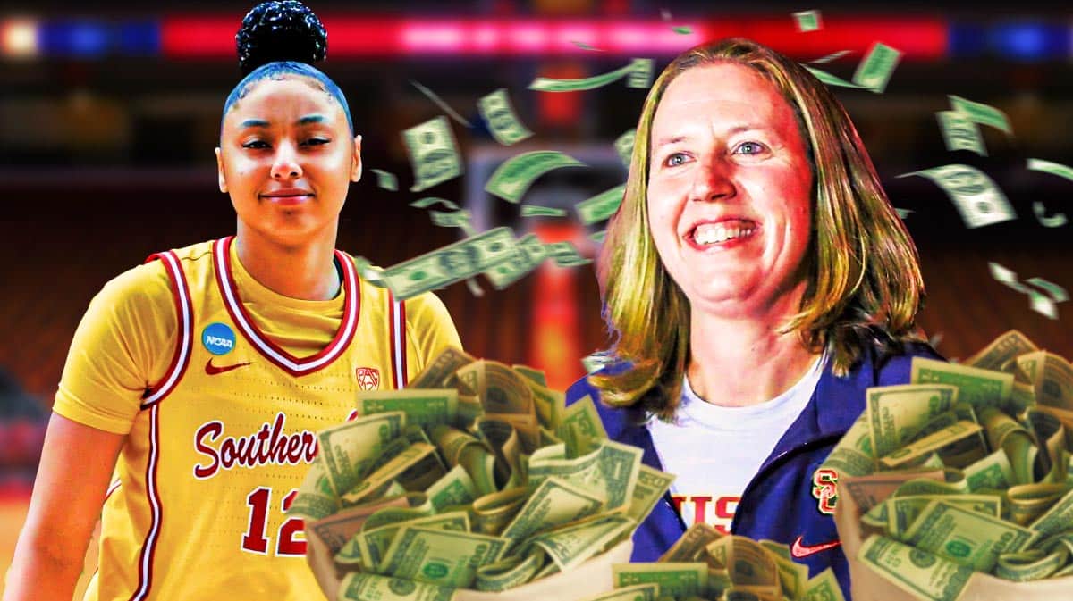 USC coach Lindsay Gottlieb smiling and holding money with JuJu Watkins looking excited