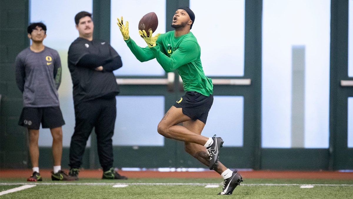 Oregon wide receiver Troy Franklin hauls in a pass during Oregon Pro Day Tuesday, March 12, 2024 at the Moshofsky Center in Eugene, Ore