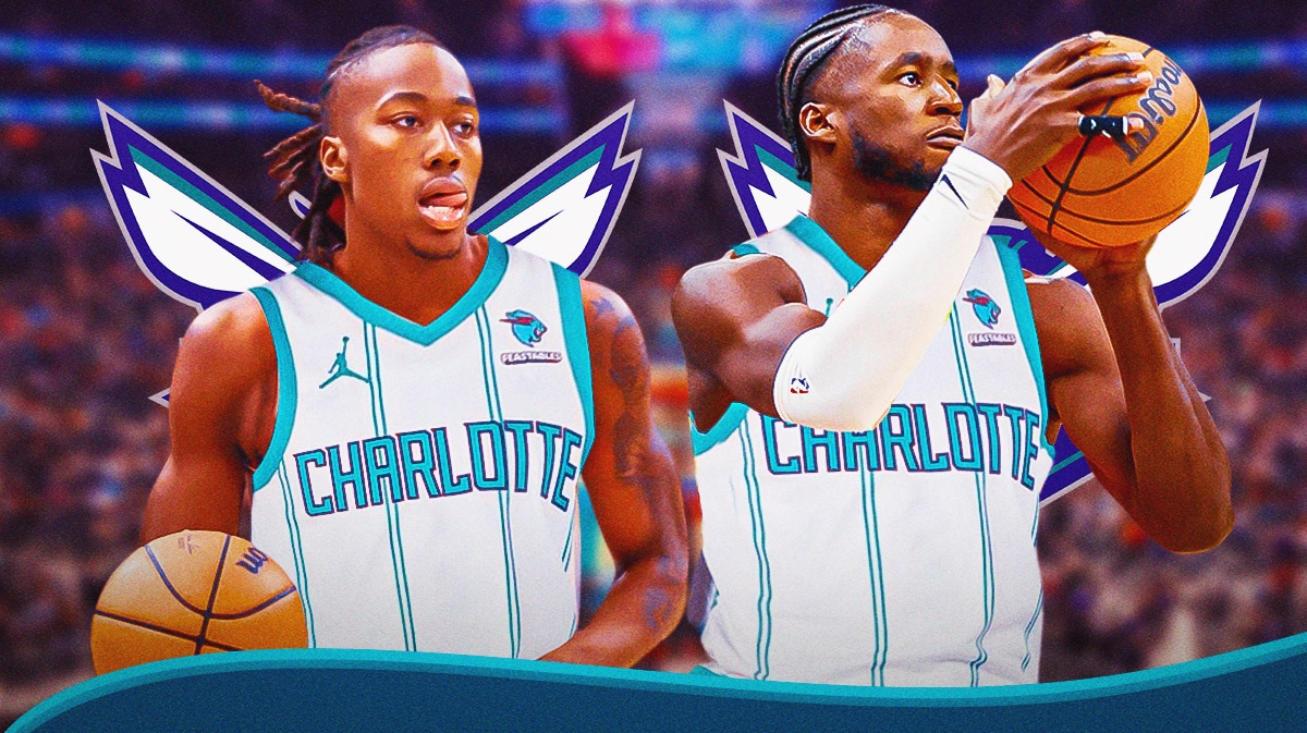 Chicago Bulls shooting guard Ayo Dosunmu wearing a Charlotte Hornets jersey with a basketball, next to Atlanta Hawks forward A.J. Griffin also wearing a Charlotte Hornets jersey. A couple of Charlotte Hornets logos added in the background.