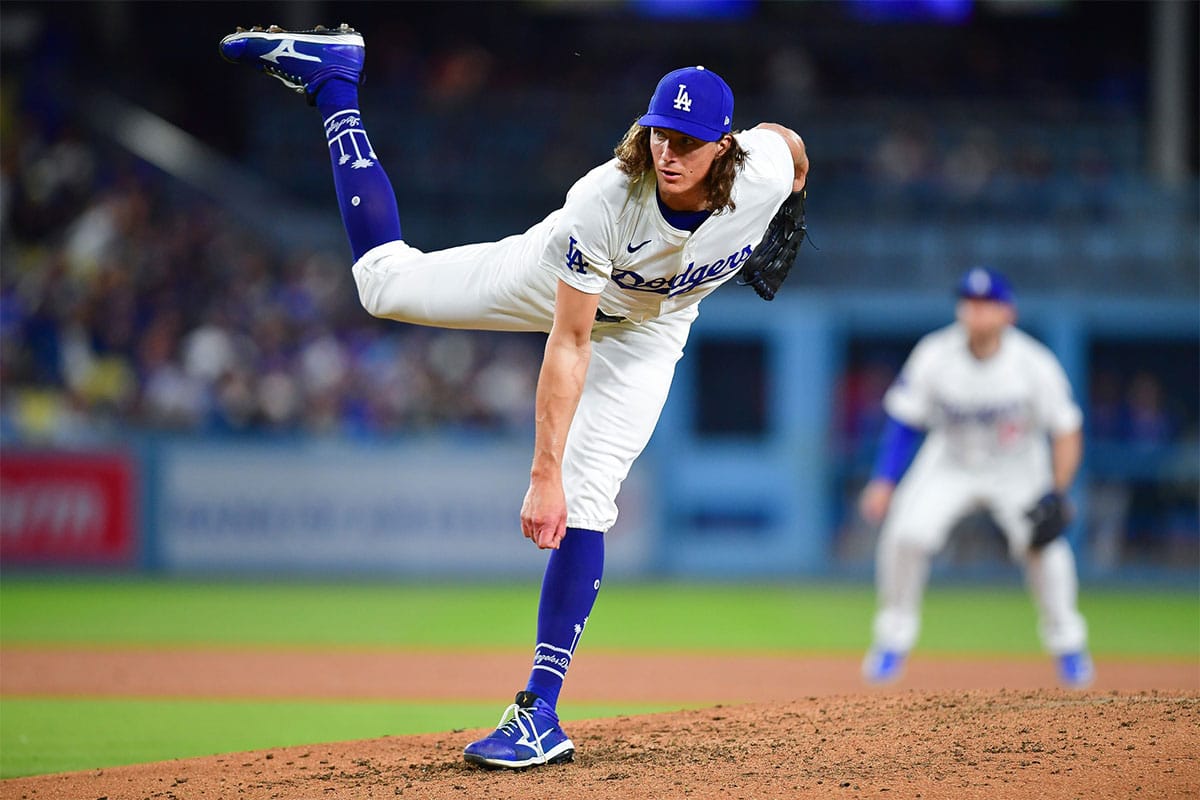 Los Angeles Dodgers starting pitcher Tyler Glasnow (31) throws against the San Francisco Giants during the sixth inning at Dodger Stadium.