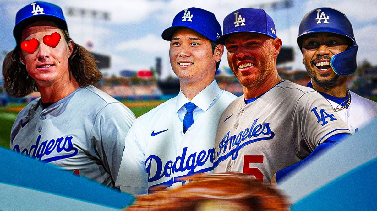 Dodgers' Tyler Glasnow with hearts in his eyes looking at Dodgers' Shohei Ohtani, Dodgers' Freddie Freeman, and Dodgers' Mookie Betts.