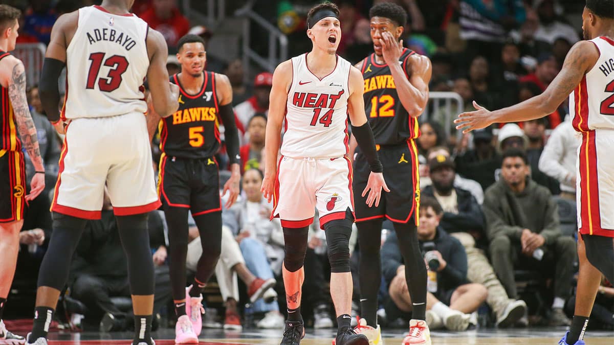 Miami Heat guard Tyler Herro (14) reacts after a basket against the Atlanta Hawks in the second half at State Farm Arena. 