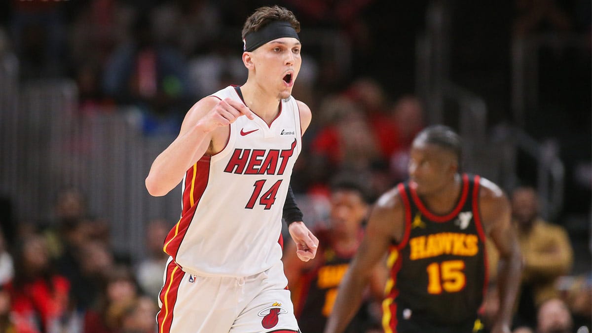 Miami Heat guard Tyler Herro (14) reacts after a basket against the Atlanta Hawks in the second half at State Farm Arena.