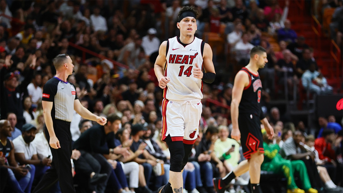 Miami Heat guard Tyler Herro (14) looks on after scoring against the Chicago Bulls in the second quarter during a play-in game of the 2024 NBA playoffs at Kaseya Center.