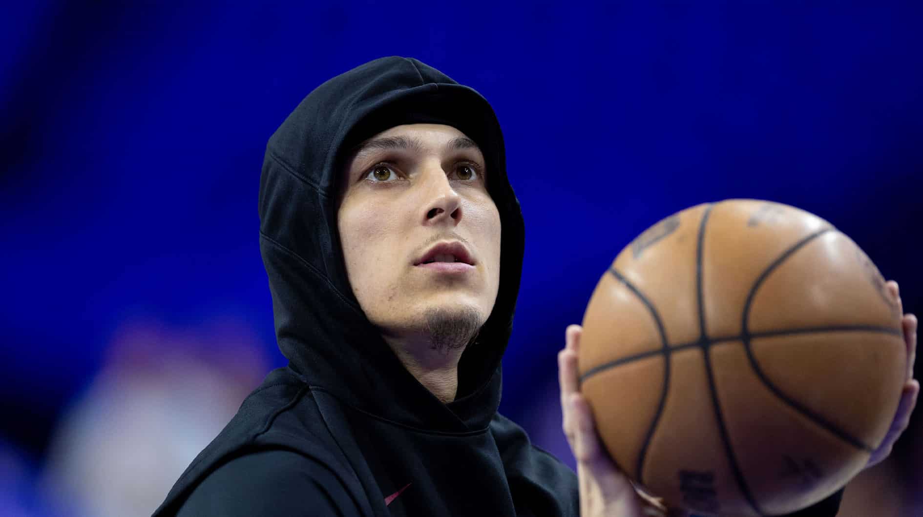 Miami Heat guard Tyler Herro before action against the Philadelphia 76ers in a play-in game of the 2024 NBA playoffs at Wells Fargo Center.