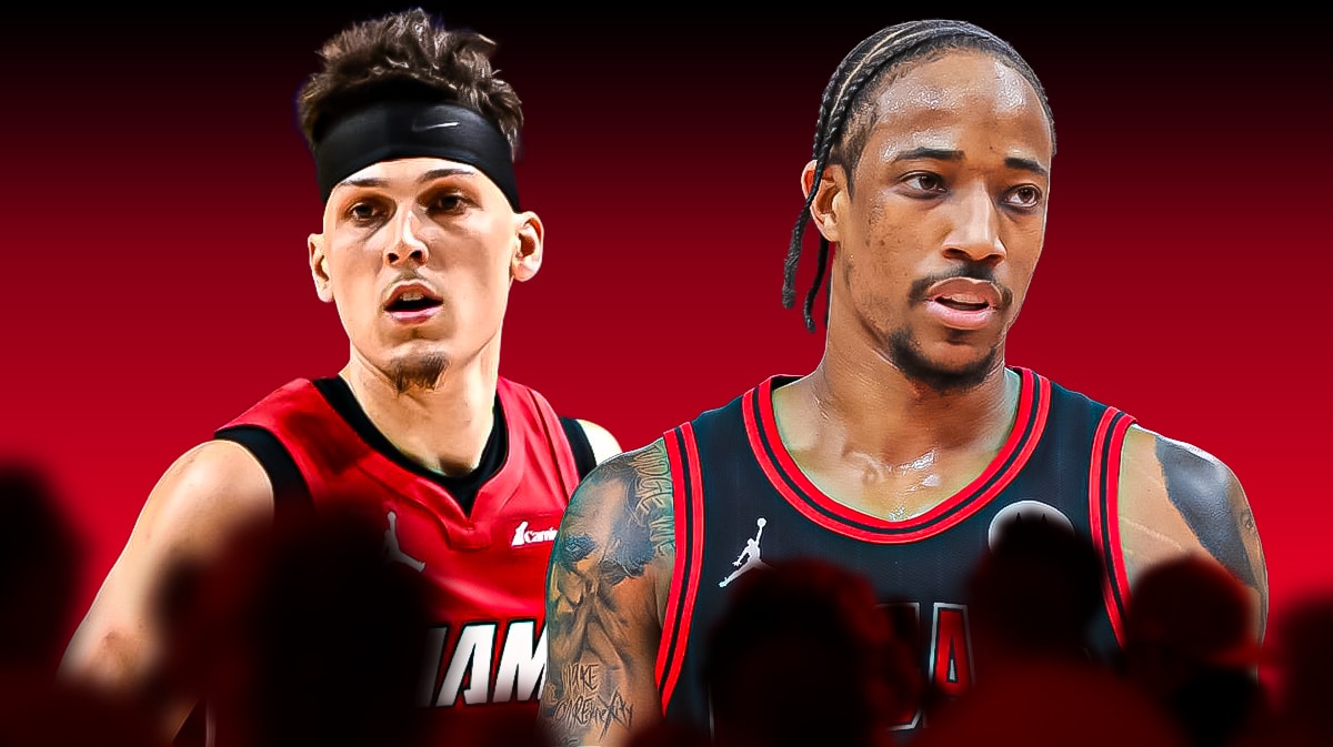 Miami Heat star Tyler Herro next to Chicago Bulls star DeMar DeRozan in front of the Kaseya Center.