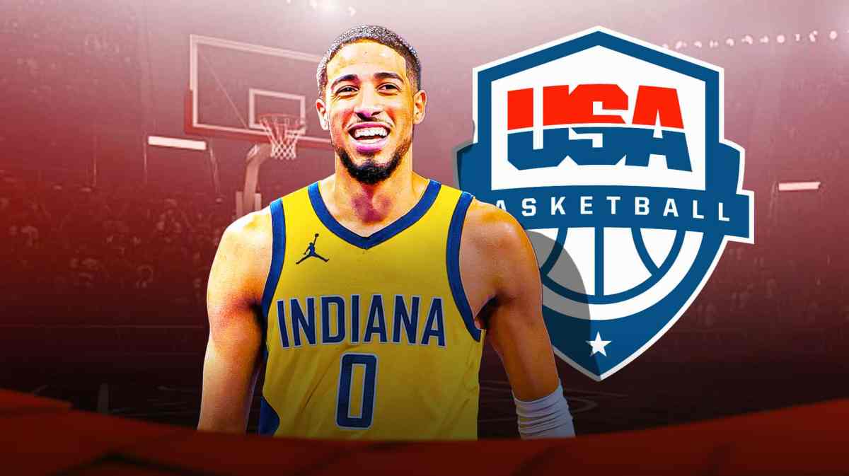 Pacers' Tyrese Haliburton stand next to Team USA Olympics basketball logo
