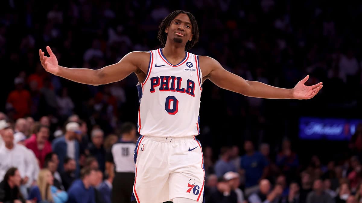 Philadelphia 76ers guard Tyrese Maxey (0) reacts during overtime in game 5 of the first round of the 2024 NBA playoffs against the New York Knicks at Madison Square Garden.