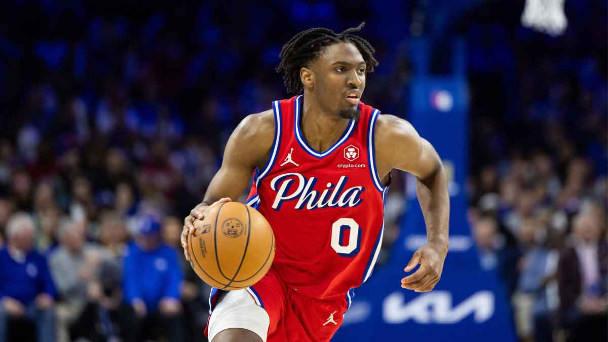 Philadelphia 76ers guard Tyrese Maxey (0) dribbles the ball against the Orlando Magic during the fourth quarter at Wells Fargo Center.