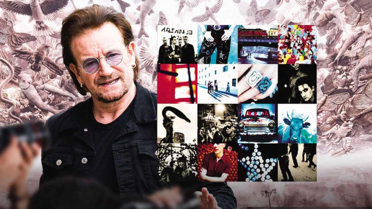 U2 lead singer Bono with Achtung Baby album cover and Sphere background.