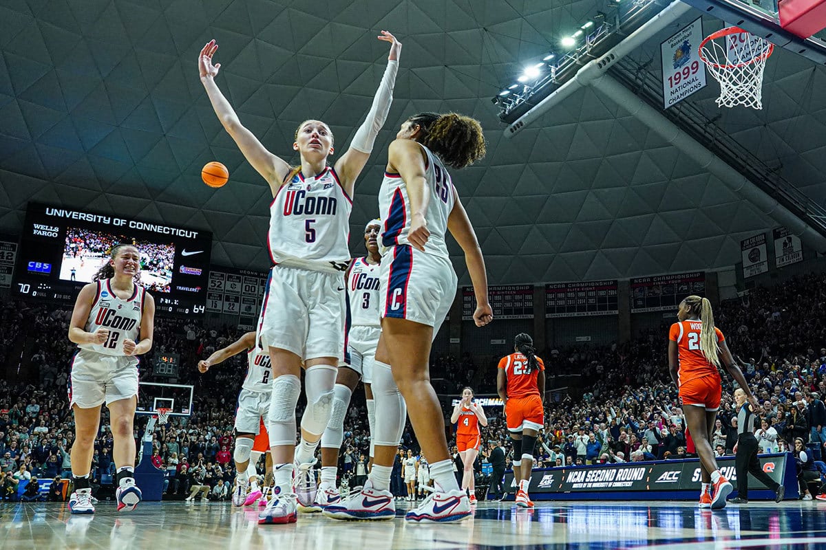 UConn Huskies guard Paige Bueckers (5) react after being fouled by Syracuse Orange in the second half at Harry A. Gampel Pavilion.