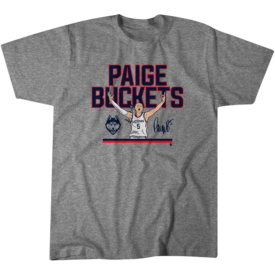 UConn Basketball Paige Bueckers Buckets T-Shirt - Heathered Gray color on a white background.