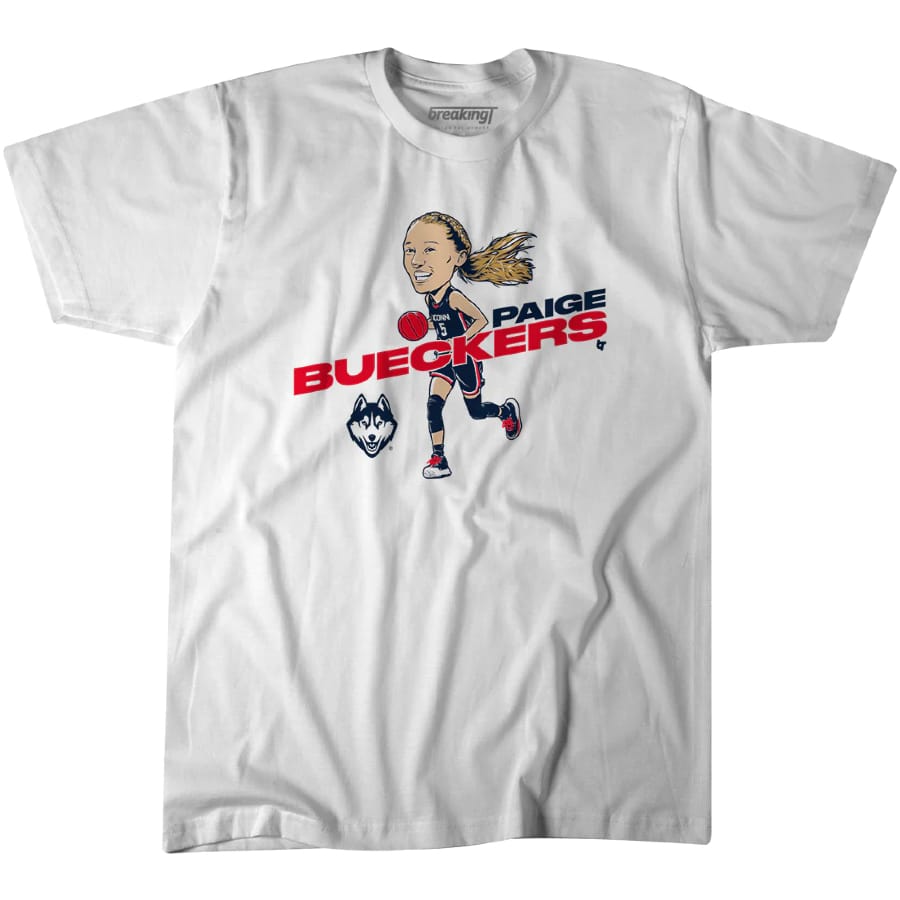 UConn Basketball Paige Bueckers Caricature T-Shirt - White colored on a white background.